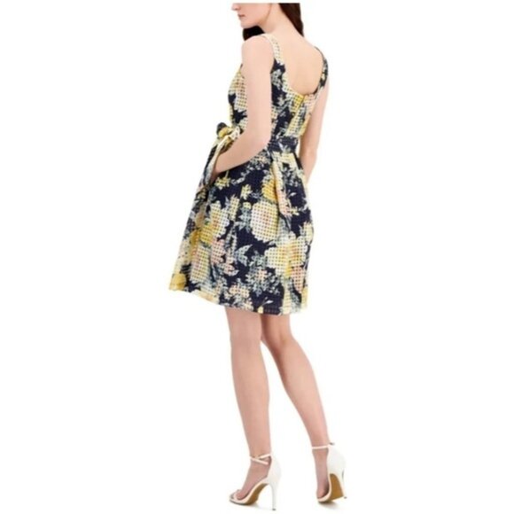 NWT Anne Klein navy floral belted check square fit and flare dress 8 UU10 - Picture 3 of 14